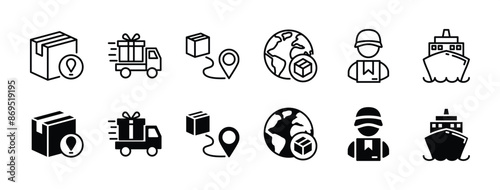 Shipping flat and thin line icon set. Containing location map pin, package delivery truck, route, courier, ship, global or international. Vector illustration