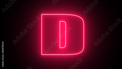 Neon light tube letter D, Letter D of the alphabet made from neon sign. against a black background. Concept of design