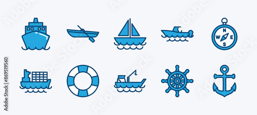 Set of ship icon. Shipping icon collection. Containing tanker, boat, cruise, yacht, sailboat, sail, compass, anchor, lifebuoy, ship's steering wheel, cargo, and float. Vector illustration