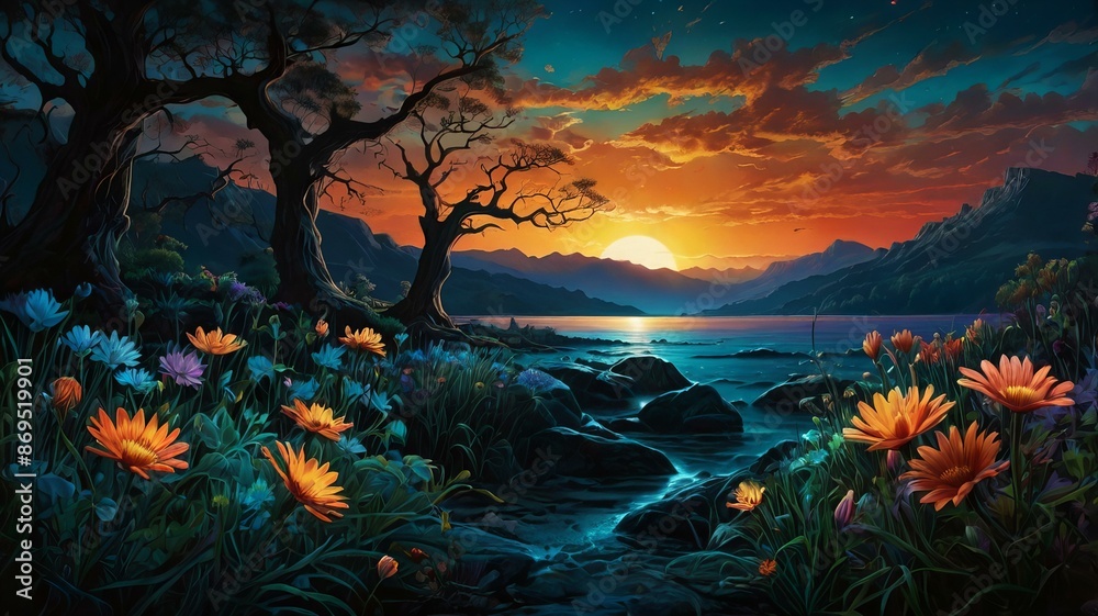 Beautiful fairy landscape, sunset over the mountains lake and forest in blue colors. Beautiful fairy landscape, sunset over the mountains lake and forest in blue colors.