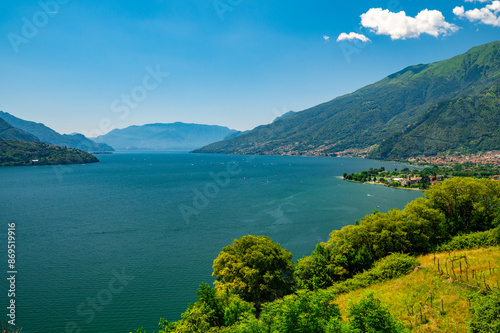 Panorama of the town of Domaso and Lake Como, on a summer day.