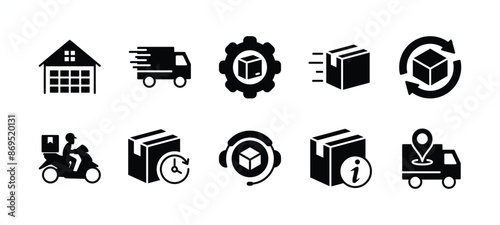 Logistic delivery and shipping flat icon vector set. Containing package, cargo, warehouse, express, progress, time, customer service and support, information, location tracking, and motorcycle