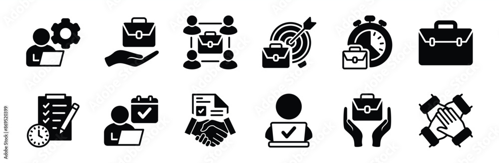 Occupation, employment, job, and work flat icon vector set. Containing team, teamwork, agreement contract, management, time, target, goal, organisation, schedule, checklist, bag, and success Occupation, employment, job, and work flat icon vector set. Containing team, teamwork, agreement contract, management, time, target, goal, organisation, schedule, checklist, bag, and success