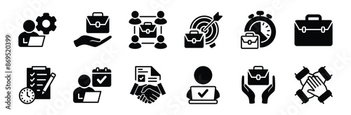 Occupation, employment, job, and work flat icon vector set. Containing team, teamwork, agreement contract, management, time, target, goal, organisation, schedule, checklist, bag, and success