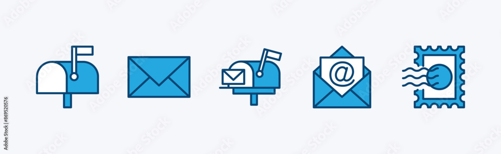 Set of post or postal icon. Containing mailbox, mail, email, E-mail, envelope, newsletter, electronic mail, stamps, postage, seal, and duty stamp. Vector illustration Set of post or postal icon. Containing mailbox, mail, email, E-mail, envelope, newsletter, electronic mail, stamps, postage, seal, and duty stamp. Vector illustration