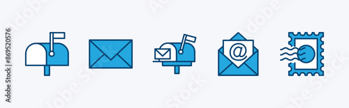 Set of post or postal icon. Containing mailbox, mail, email, E-mail, envelope, newsletter, electronic mail, stamps, postage, seal, and duty stamp. Vector illustration