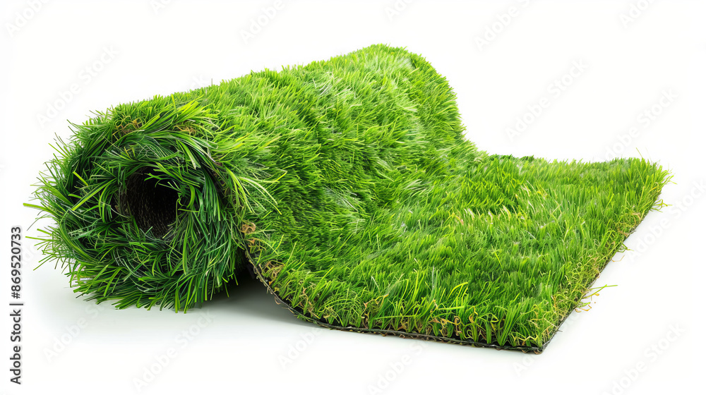 Fototapeta premium Artificial grass roll is green in color and is shown separately from a white background.