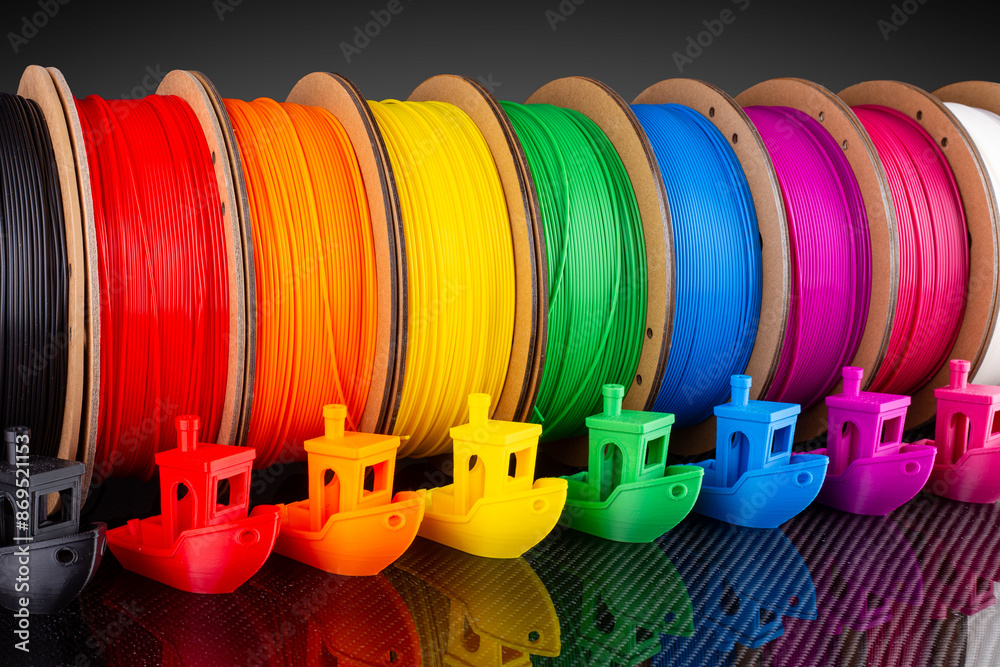 row of colorful 3d printing filament PLA material on environmentally friendly and recyclable paper cardboard spools black carbon fiber background. modern FDM printer technology concept