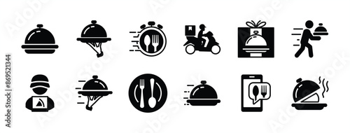 Food delivery flat icon set. Express, fast, speed or quick service for shipping catering order online. Containing tray, cloche, courier, time, fork, spoon, plate, package, waiter. Vector illustration