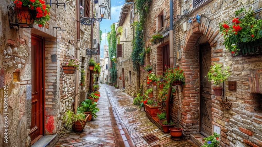 Fototapeta premium Charming, narrow street in Spello, an ancient town in Italy.