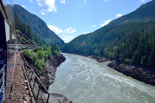 The Rocky Mountainee train nearing Hell's Gate on the Fraser river