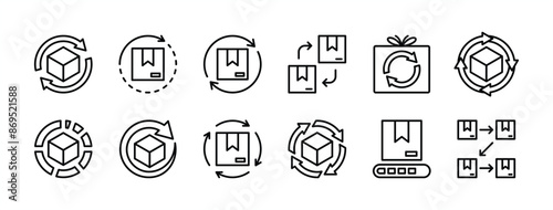 Process thin line icon vector set. Containing order, package, parcel, packet, and gift. Workflow, progress, step and productivity of order. Synchronization arrow with delivery cardboard box