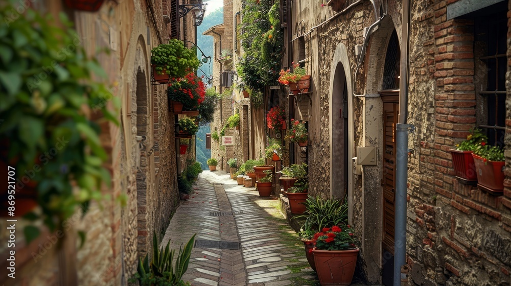 Fototapeta premium Charming, narrow street in Spello, an ancient town in Italy.