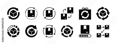 Process icon set. Containing order, package, parcel, packet, and gift. Workflow, progress, step and productivity of order. Synchronization arrow with delivery cardboard box. Vector illustration