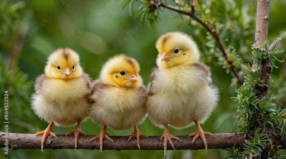 Photo group of cute chicks on the branches of the tree Photo group of cute chicks on the branches of the tree