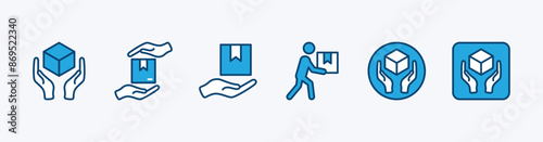 Set of package label icons handle with care. Delivery and shipping label. Containing cardboard box, hand, delivery, fragile, parcel, stamp, sticker, careful, warning, pick up, take away
