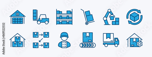 Set of logistics warehouse icon. Containing storehouse, stock, package storage, machine, process, cargo truck, courier, step and productivity, forklift, freight, lorry, moving. Vector illustration