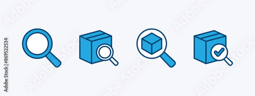 Set of search or find package, parcel icon. Containing magnifying glass, magnifier with cardboard box, loupe with product and check mark. Vector illustration