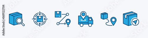 Set of tracking location cargo delivery truck icon. Containing searching magnifying glass, package target, courier travel route, GPS or navigation, cardboard box, order. Vector illustration