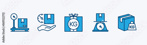 Set of package delivery weight icon. Containing heavy, scales, parcel, packet, kilogram, cardboard box, shipping, and shipment. Vector illustration