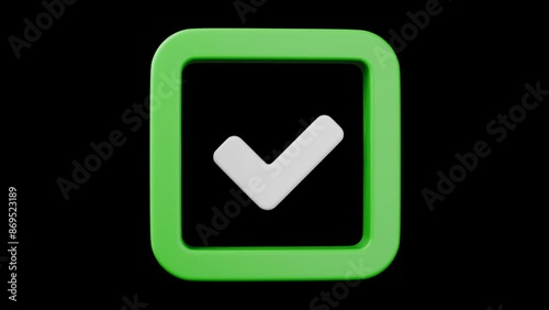 3d Ok confirm agree yes checkbox icon render movie on transparent background. Looped animation