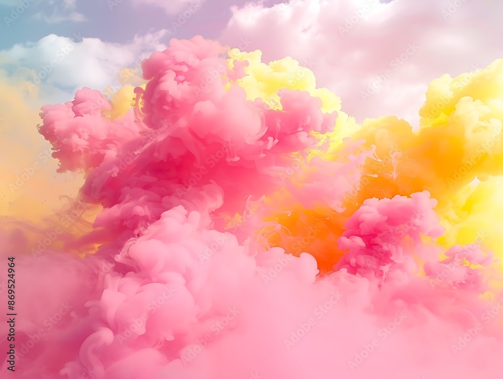 Fototapeta premium Pink and yellow smoke clouds in mid-air, creating a colorful, dynamic abstract scene with a touch of dustiness..