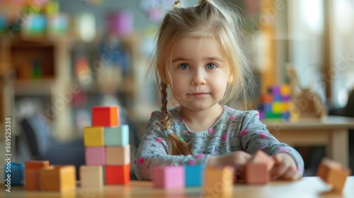 Little girl on playing with colorful wooden block