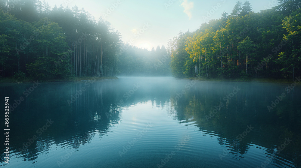 a lake with a confierous forest behind. low layered clouds between trees with mist and fog rolling off the water. the lake is still and it is sunrise with subtle light refleting off of the lake. a lake with a confierous forest behind. low layered clouds between trees with mist and fog rolling off the water. the lake is still and it is sunrise with subtle light refleting off of the lake.
