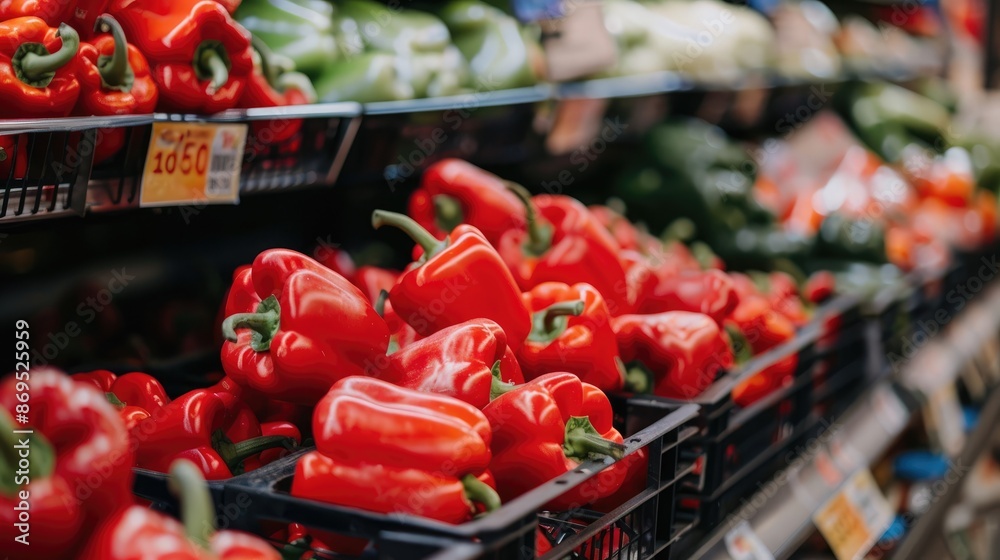 Bright red bell peppers in a grocery store bin Bright red bell peppers in a grocery store bin