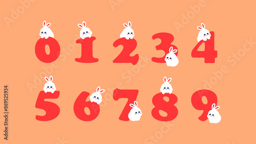 Set of Numbers with Cute Bunny. Pink Numbers 1 to 9 with White Rabbit