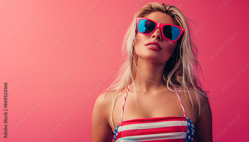 Fototapeta premium American Flag Bikini Female Beautiful Woman in red white and blue Swimwear, 4th of july, patriotic, memorial day, labor day, celebrating the USA 