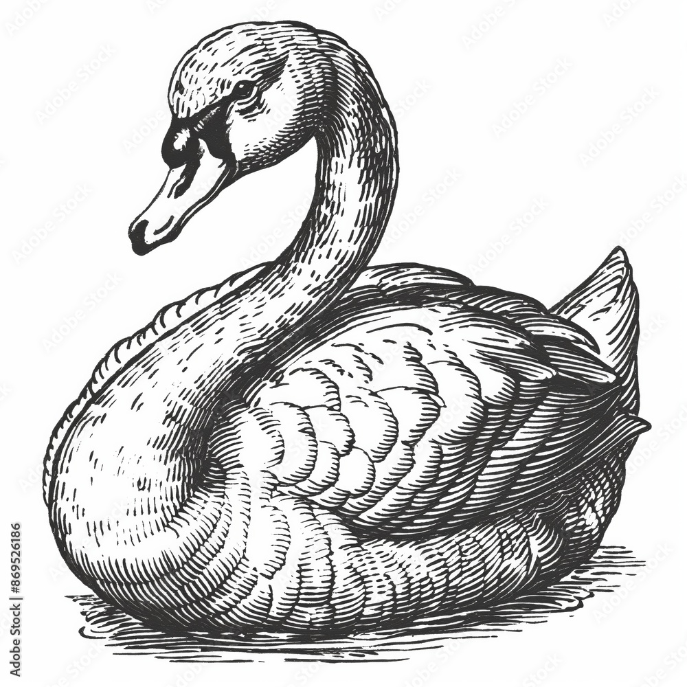Naklejka premium Retro hand-drawn illustration of Swan, Vintage engraved icon design, Isolated on white background