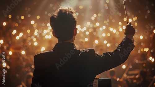 A man is playing a musical instrument in front of a crowd of people. The crowd is made up of musical notes, and the man is pointing to the notes. Scene is energetic and lively