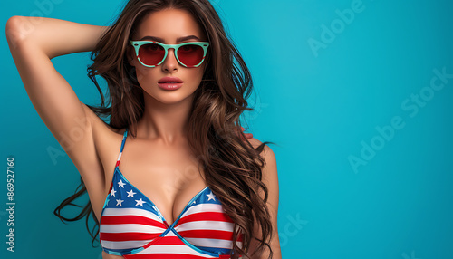 American Flag Bikini Female Beautiful Woman in red white and blue Swimwear, 4th of july, patriotic, memorial day, labor day, celebrating the USA 