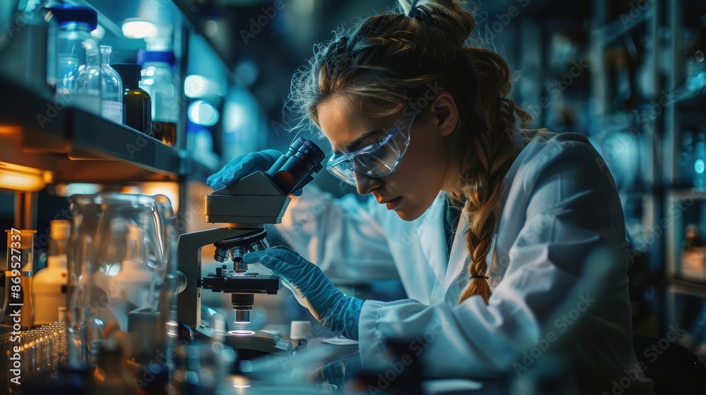A scientist in a laboratory using a microscope, surrounded by scientific equipment and glassware, focused on research and analysis. A scientist in a laboratory using a microscope, surrounded by scientific equipment and glassware, focused on research and analysis.