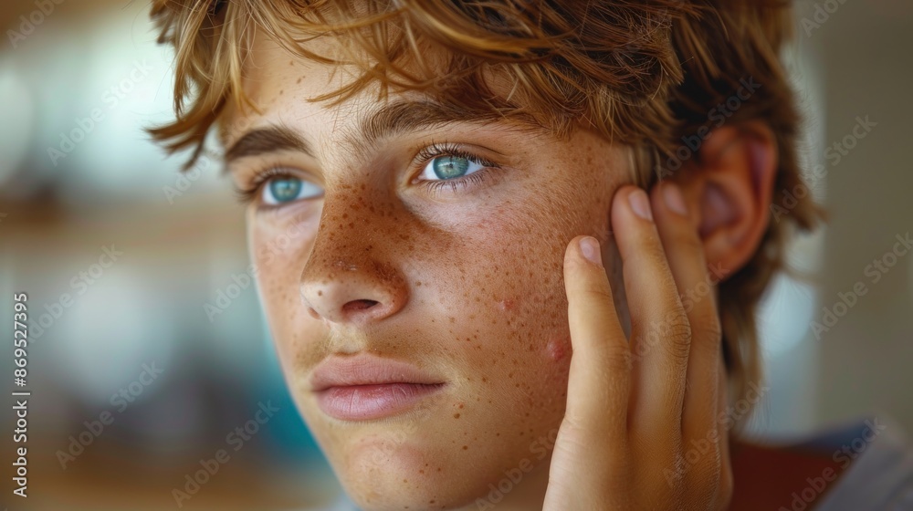Fototapeta premium Teenager worry about acne and easily irritated skin conditions.