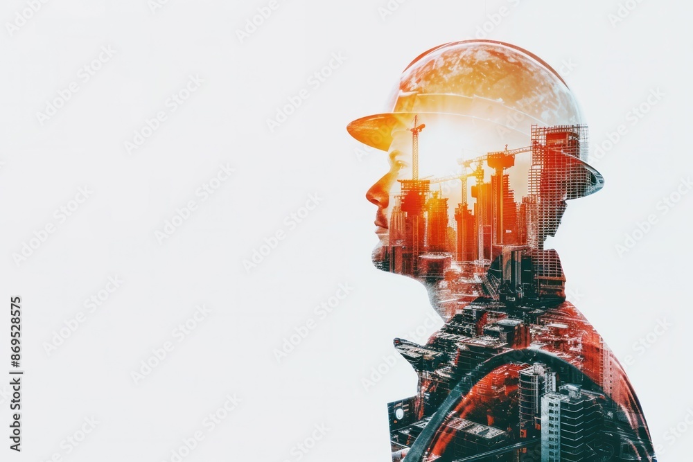 double exposure of construction worker with city buildings under construction, portrait of man in safety helmet on white background double exposure of construction worker with city buildings under construction, portrait of man in safety helmet on white background