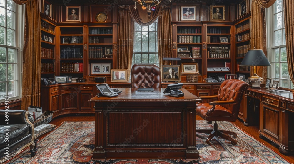 Naklejka premium Luxurious home office with dark wood furniture, built-in bookshelves and large windows. Concept of wealth, success, work from home, business