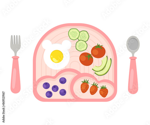 Silicone utensils for kid with food: plate, fork and spoon. Feeding the baby. Vector flat illustration.