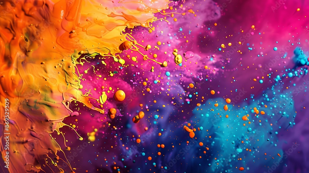 Spirited dance of colors captured in a backdrop of vibrant paint splatters, creating a dynamic and lively atmosphere. Spirited dance of colors captured in a backdrop of vibrant paint splatters, creating a dynamic and lively atmosphere.