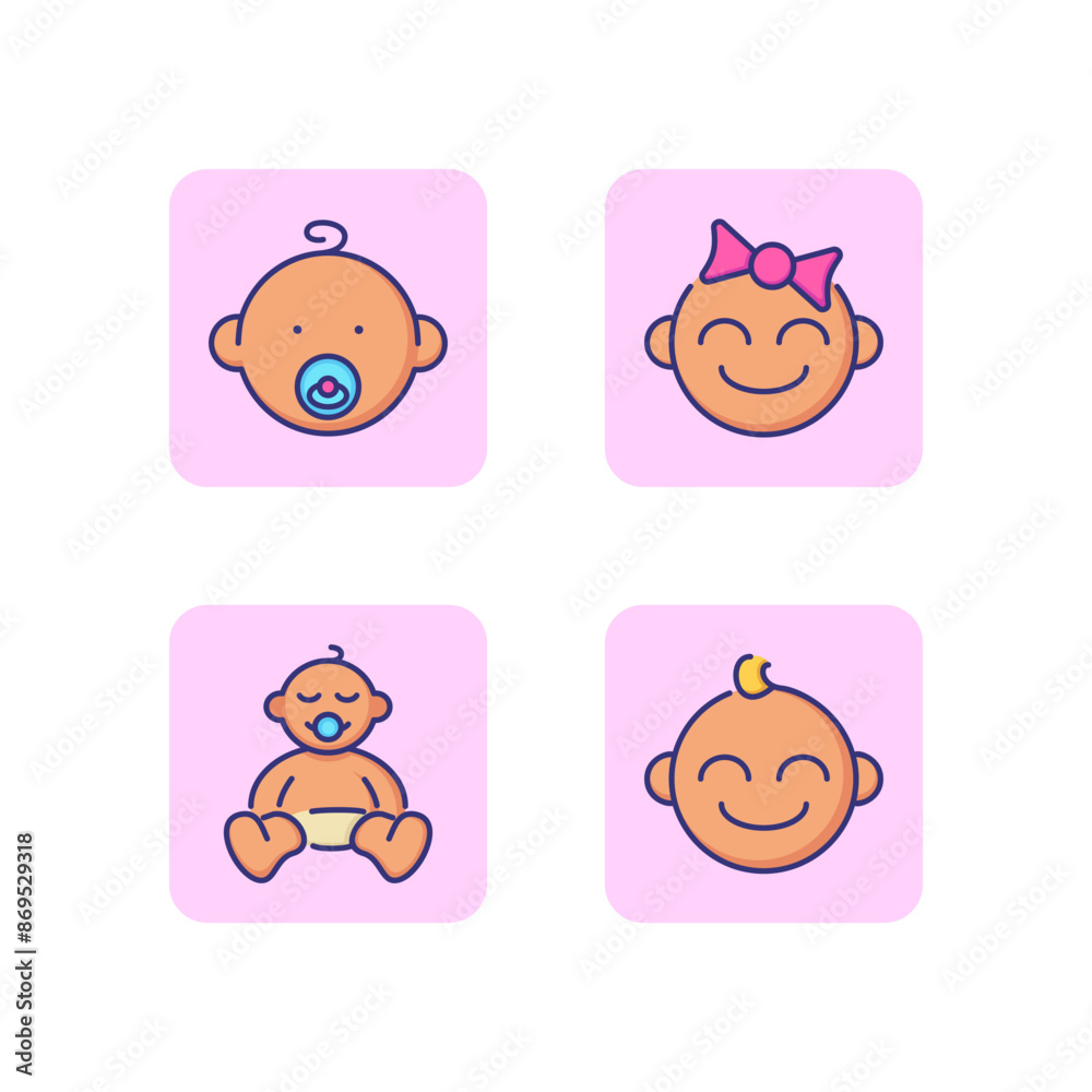 Baby line icon set. Boy and girl faces, newborn. Kids concept. Vector illustration for web design and apps Baby line icon set. Boy and girl faces, newborn. Kids concept. Vector illustration for web design and apps
