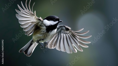 Chickadee In Flight. Birding and Nature Photography of Avian Wildlife in the Wild photo