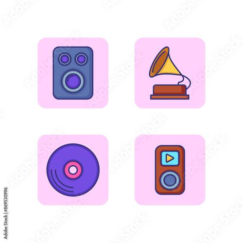 Music players line icon set. Gramophone, MP3 player, vinyl record and music speaker. Music lover concept. Vector illustration for web design and apps