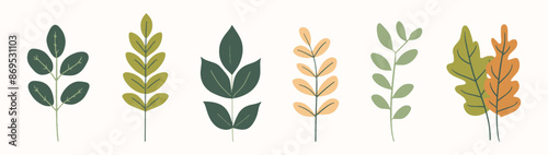 Tree collection hand drawn flat design element. botanical set of bare trees and ones with leaves and lush limited pastel color