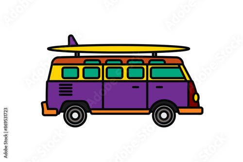Original vector illustration. A van with a surfboard on the roof. A contour icon.
