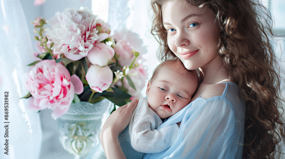 Mom with a newborn baby in her arms. A beautiful young mother and a newborn baby in their arms are standing by the window. A happy mother hugs her little child to her chest. Child care concept Mom with a newborn baby in her arms. A beautiful young mother and a newborn baby in their arms are standing by the window. A happy mother hugs her little child to her chest. Child care concept