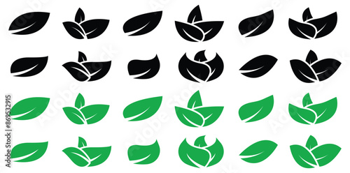 Set of leaf icons. Collection green and black leaf. Elements design for natural, eco, vegan, bio labels.