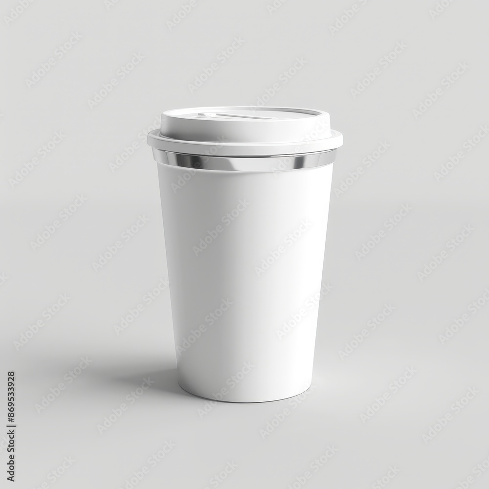 3d render of white paper coffee cup with silver lid, front view, on light grey background 3d render of white paper coffee cup with silver lid, front view, on light grey background