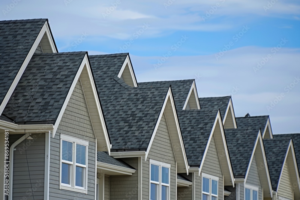 Suburban Roof. New Home Construction with Grey Roof and Sky Background Suburban Roof. New Home Construction with Grey Roof and Sky Background