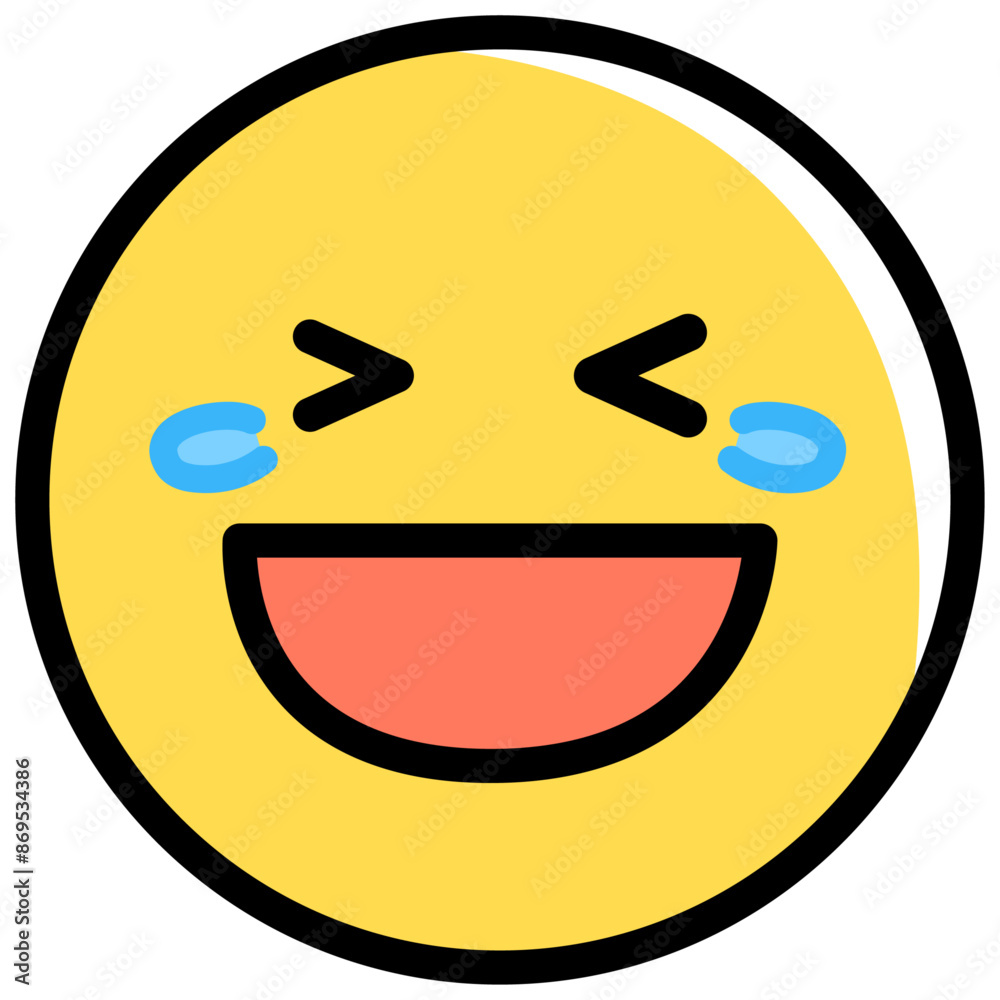 Yellow face emoji laughing through tears. Vector illustration isolated on a transparent background.
